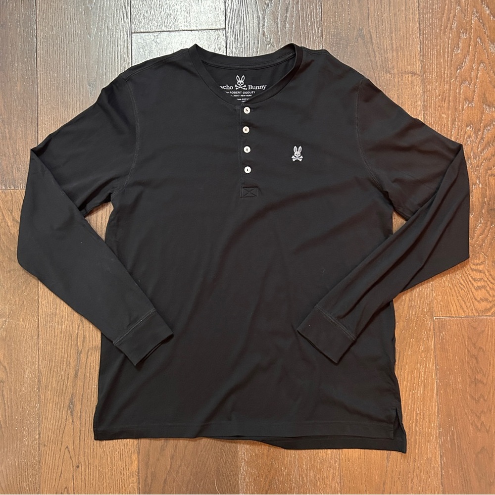 Psycho Bunny Men's Black Henley Long Sleeve T-Shirt Size Medium (5)